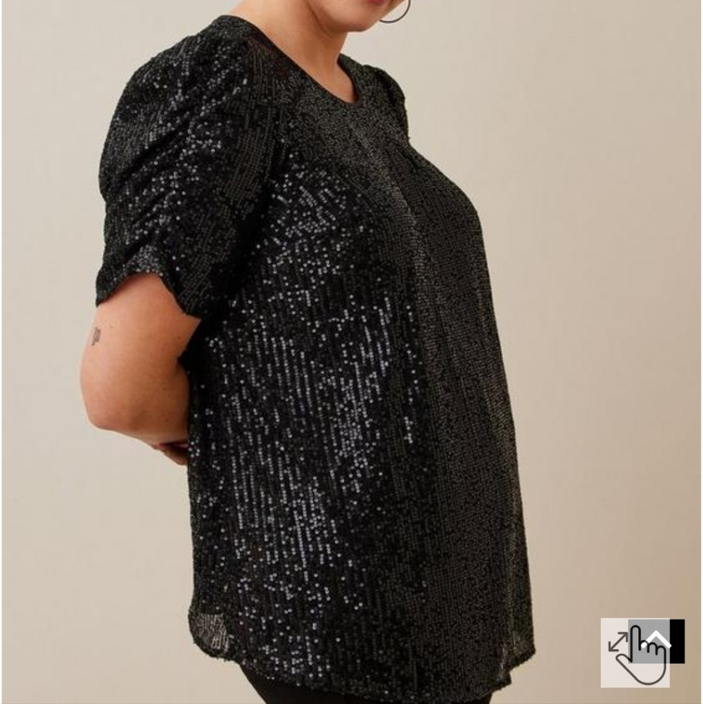 Torrid Size 1 1X Black Sequin Ruched Short Sleeve Top NWT
